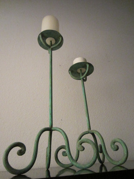 Modernist Pale Green Tole Tripod Design Candlesticks In Pair - Designer Unique Finds 