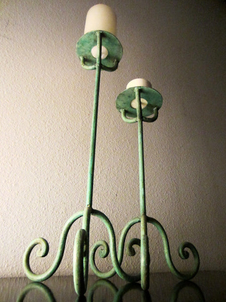 Modernist Pale Green Tole Tripod Design Candlesticks In Pair - Designer Unique Finds 