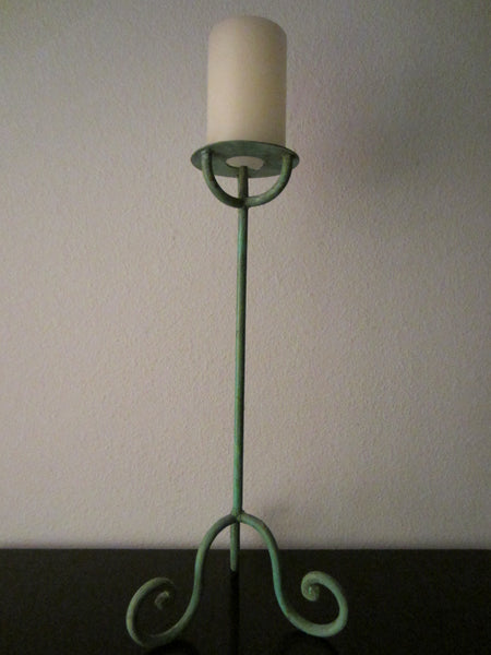 Modernist Pale Green Tole Tripod Design Candlesticks In Pair - Designer Unique Finds 