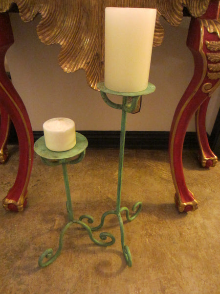 Modernist Pale Green Tole Tripod Design Candlesticks In Pair - Designer Unique Finds 