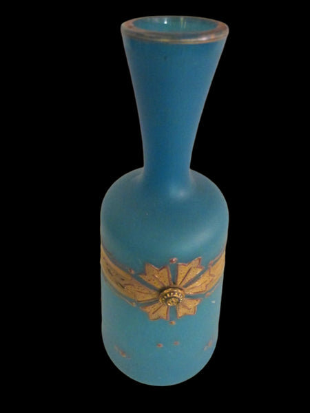 Opaline Blue Bottle Shaped Jeweled Antique Vases Decorated Gold Medallions