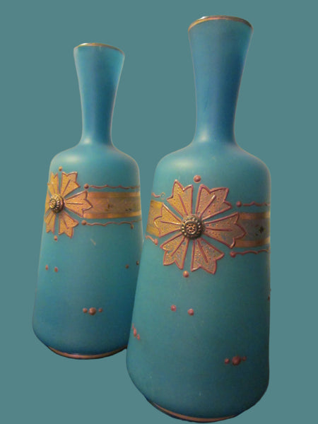 Opaline Blue Bottle Shaped Jeweled Antique Vases Decorated Gold Medallions