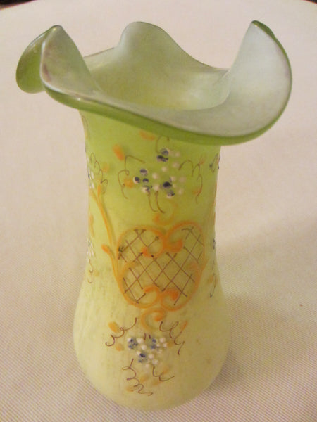 Satin Ribbed Floral Glass Vase Scrolled Enameling Beading