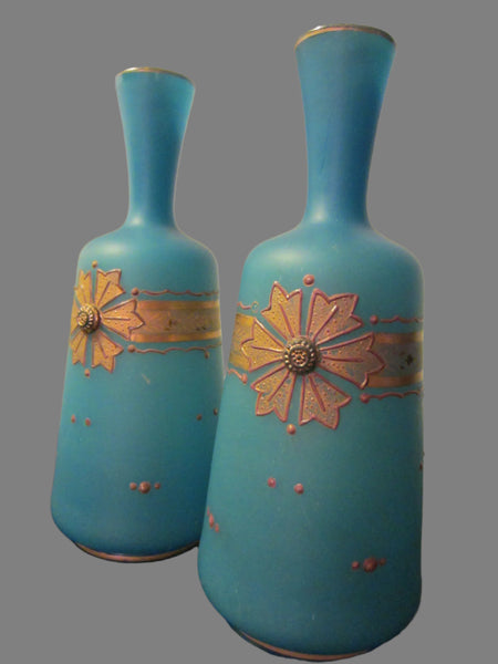 Blue Opaque Glass Vases Gilt Decorated Jeweled Tone - Designer Unique Finds 