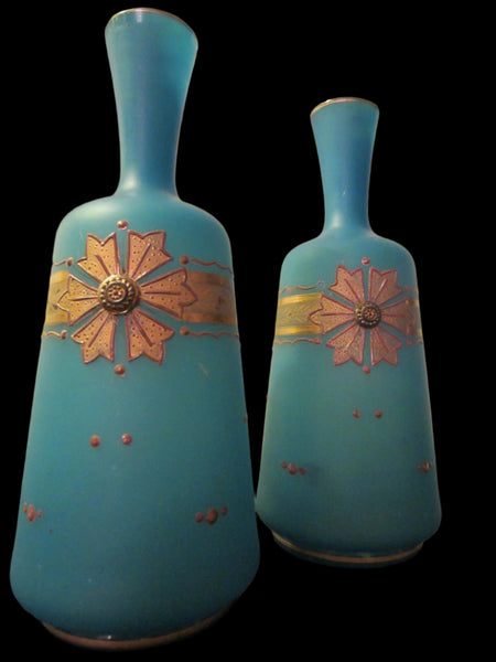 Blue Opaque Glass Vases Gilt Decorated Jeweled Tone - Designer Unique Finds 