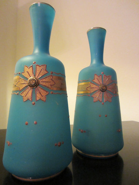 Blue Opaque Glass Vases Gilt Decorated Jeweled Tone - Designer Unique Finds 