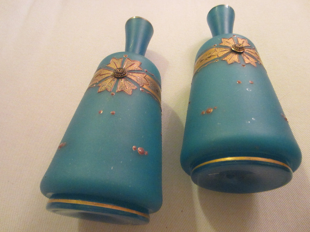 Opaline Blue Bottle Shaped Jeweled Vases Decorated Gold Medallions - Designer Unique Finds 