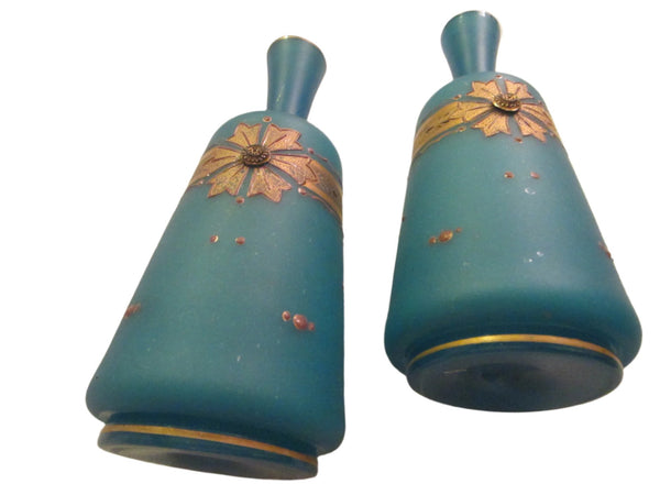 Opaline Blue Bottle Shaped Jeweled Vases Decorated Gold Medallions - Designer Unique Finds 