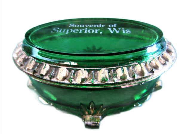 Green Glass Oval Miniature Box by Wis Souvenir of Superior Footed Gilt Decorated - Designer Unique Finds 