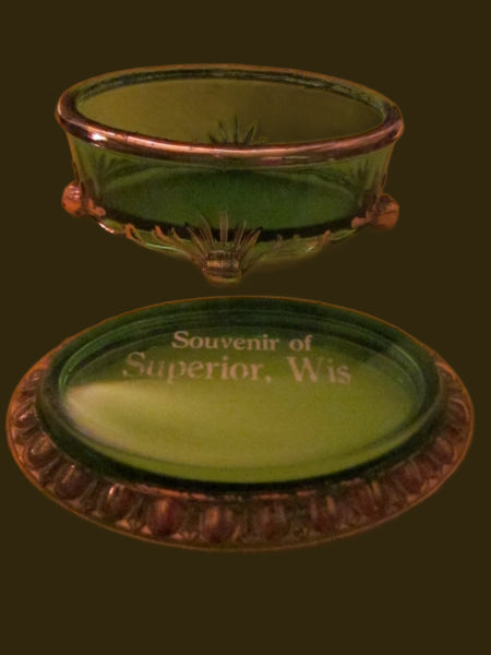 Green Glass Oval Miniature Box by Wis Souvenir of Superior Footed Gilt Decorated - Designer Unique Finds 