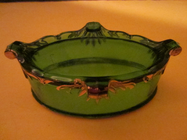 Green Glass Oval Miniature Box by Wis Souvenir of Superior Footed Gilt Decorated - Designer Unique Finds 