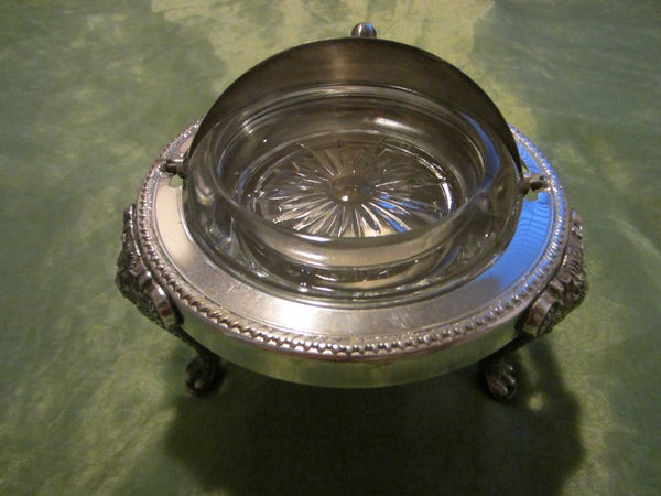 Silver Plated Roll Top Crystal Insert Caviar Server English Paws Lion Medallions - Designer Unique Finds 