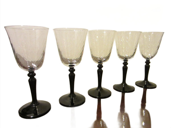 Ten Black Onyx Spiral Glass Stemware Goblets Flutes Marked France