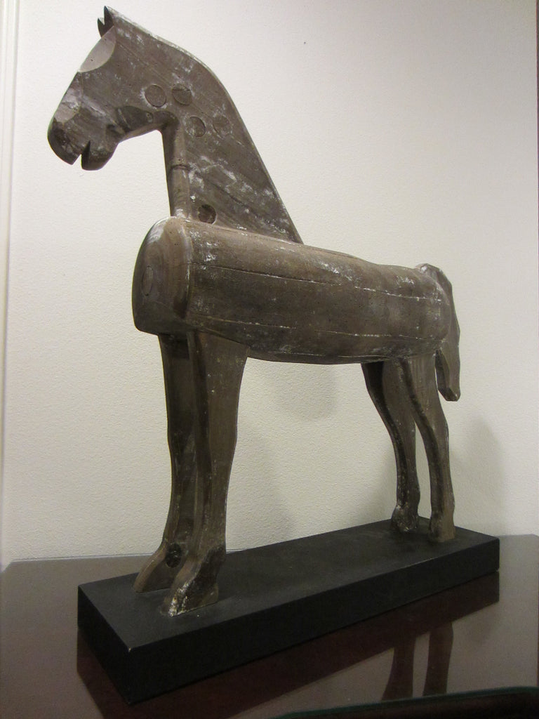 Folk Art Modernist Horse Sculpture Wood Carving On Stand - Designer Unique Finds 
