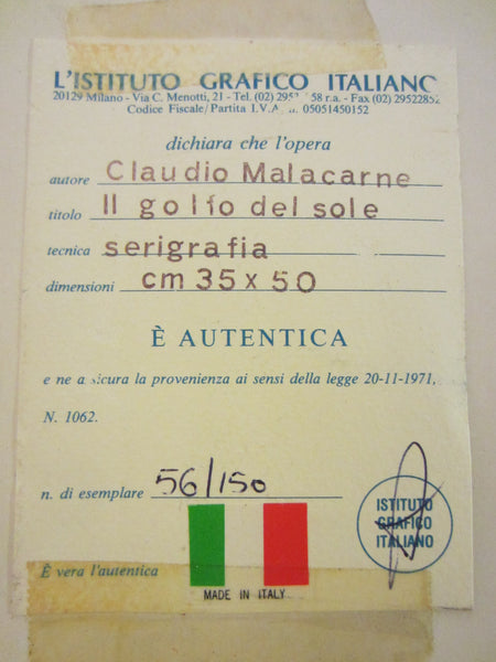 Claudio Malacarne Italy IL Golfo Del Sole Coastal Scene Signed Serigraph - Designer Unique Finds 
 - 4