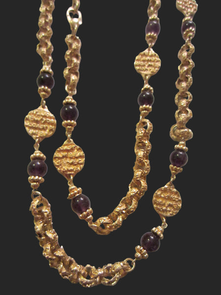 St John Designer Lavender Glass Brass Coin Chain Necklace - Designer Unique Finds 