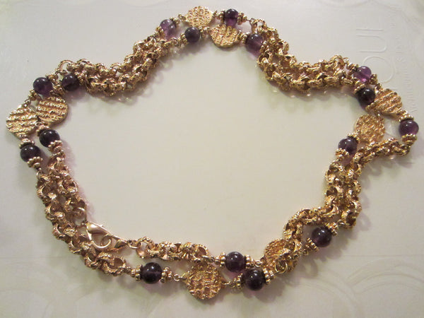 St John Designer Lavender Glass Brass Coin Chain Necklace - Designer Unique Finds 