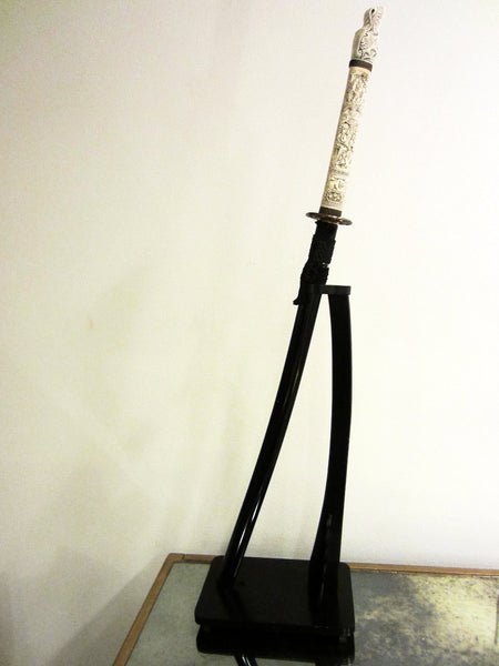 Traditional Samurai Style Katana Japan Sword On Black Wood Stand - Designer Unique Finds 