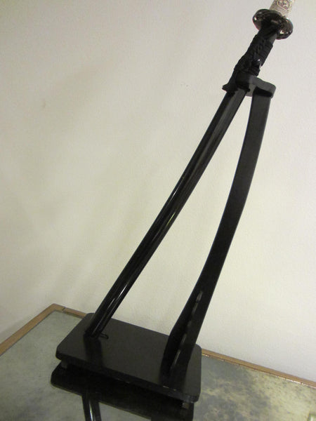 Traditional Samurai Style Katana Japan Sword On Black Wood Stand - Designer Unique Finds 