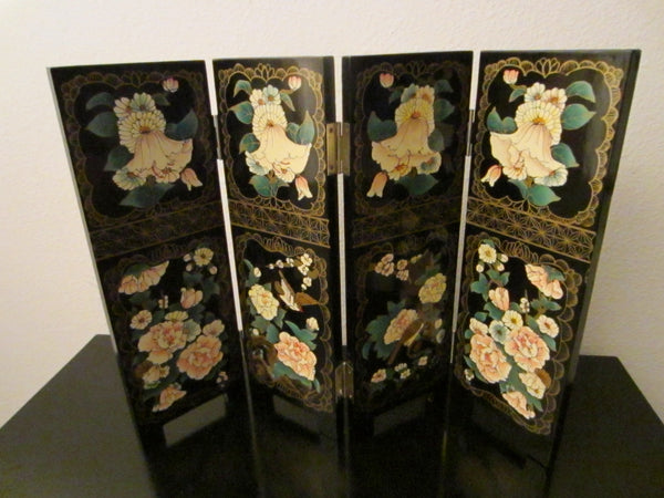 Quarterfold Chinese Black Lacquered Panels Dual Sided Signed Tea Screen W Calligraphy - Designer Unique Finds 