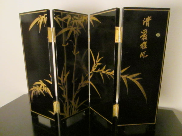 Quarterfold Chinese Black Lacquered Panels Dual Sided Signed Tea Screen W Calligraphy - Designer Unique Finds 