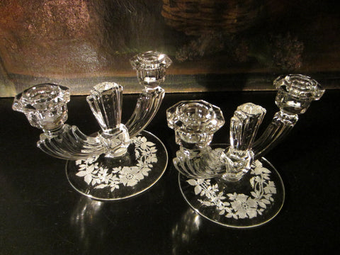 Tiffin Franciscan Glass Floral Candle Holders 