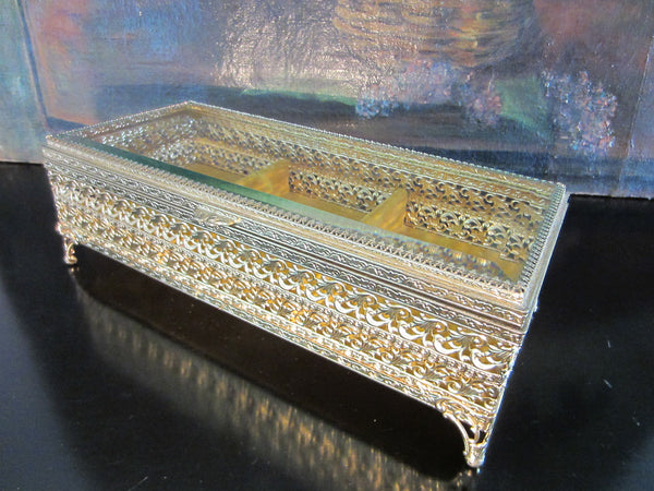 Ormolu Filigree Jewelry Box Mid Century Brass Sectional Beveled Glass - Designer Unique Finds 