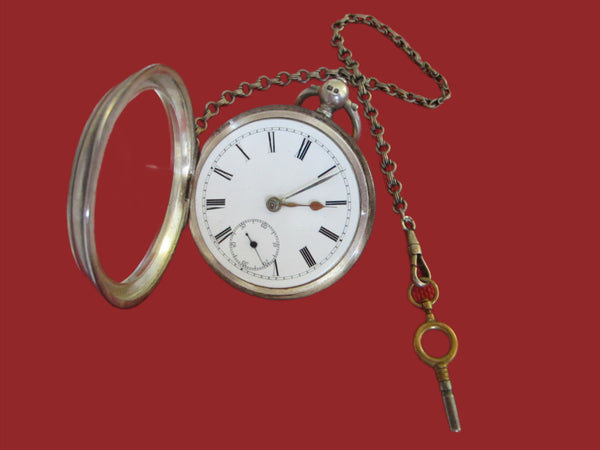 William Ehrhardt Birmingham Antique Silver Pocket Watch With Chain - Designer Unique Finds 