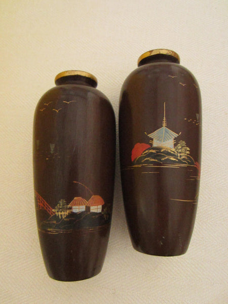 Pair of Asian Composition Brown Painted Japanese Outdoor Scene