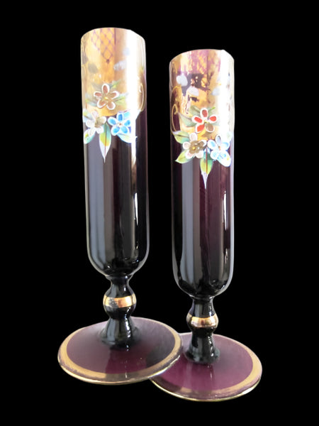 Bohemian Moser Style Stem Glass Eggplant Vases Porcelain Gold Enameling - Designer Unique Finds 
 - 3