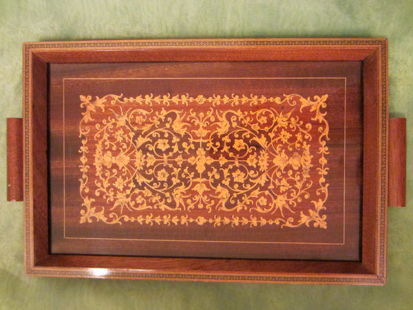 Italian Serving Tray Inlaid Wood Floral Marquetry - Designer Unique Finds 