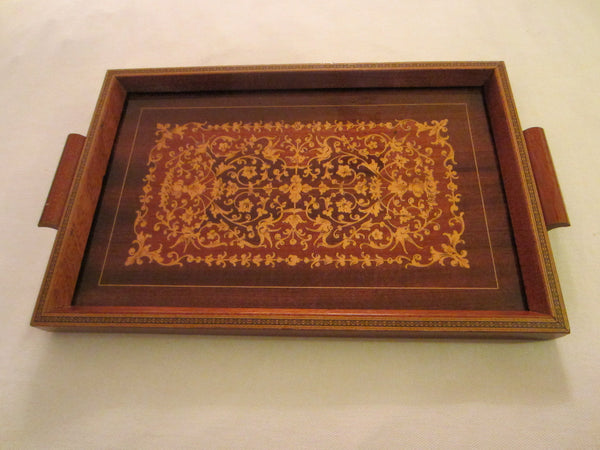 Italian Serving Tray Inlaid Wood Floral Marquetry - Designer Unique Finds 