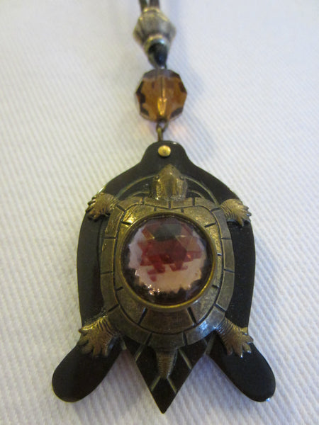 Brass Lacquer Turtle Pendant Deco Crystal Pink Cabochon