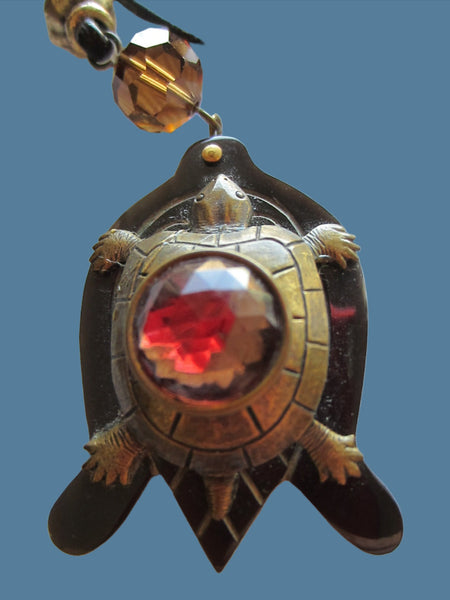 Brass Lacquer Turtle Pendant Deco Crystal Pink Cabochon