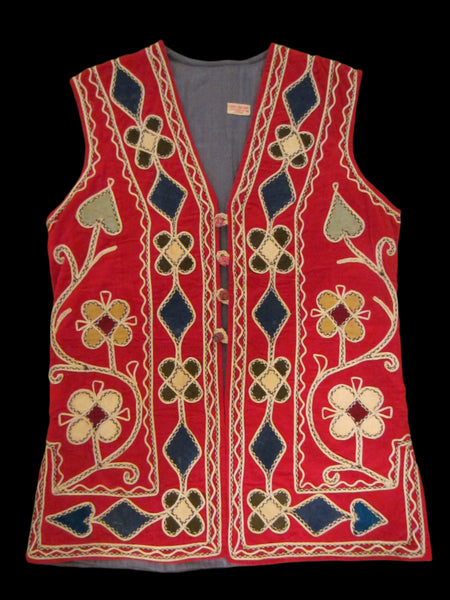 Hand Embroidered Red Velvet Vest Mid Eastern Decorated Hearts Flowers - Designer Unique Finds 
 - 2