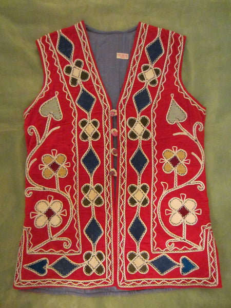 Hand Embroidered Red Velvet Vest Mid Eastern Decorated Hearts Flowers - Designer Unique Finds 
 - 2
