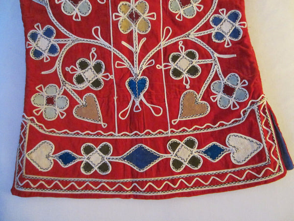 Hand Embroidered Red Velvet Vest Decorated Hearts Flowers Made In Pakistan - Designer Unique Finds 