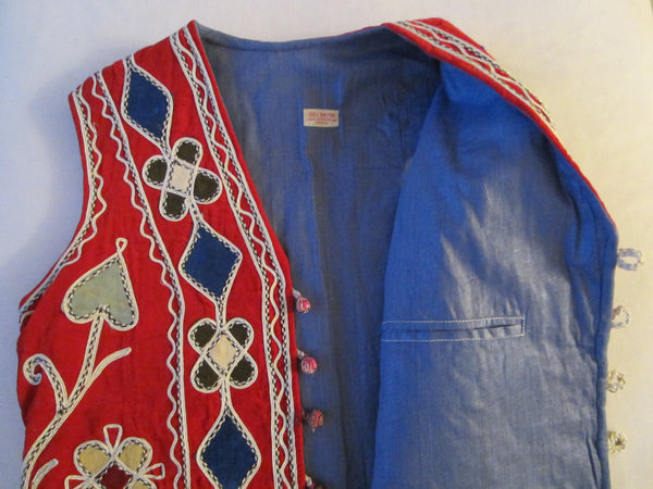 Hand Embroidered Red Velvet Vest Decorated Hearts Flowers Made In Pakistan - Designer Unique Finds 