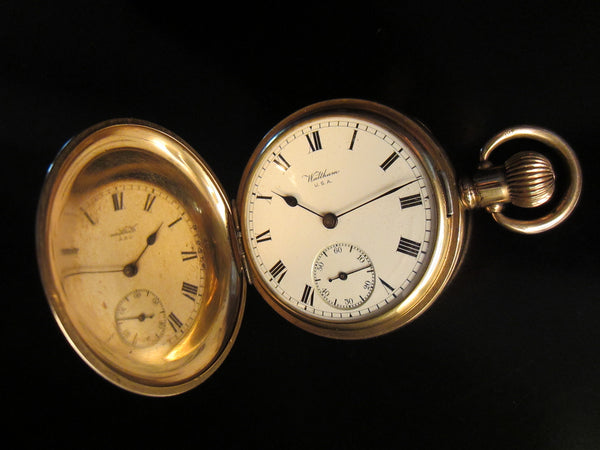 Waltham Hunter Pocket Watch Gold Plated Marquis Triple Case Moon Face 15 Jewels - Designer Unique Finds 