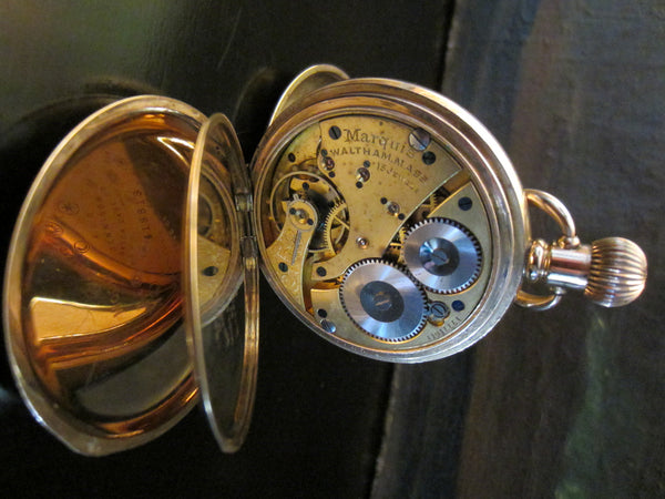Waltham Hunter Pocket Watch Gold Marquis Triple Case Moon Face - Designer Unique Finds 