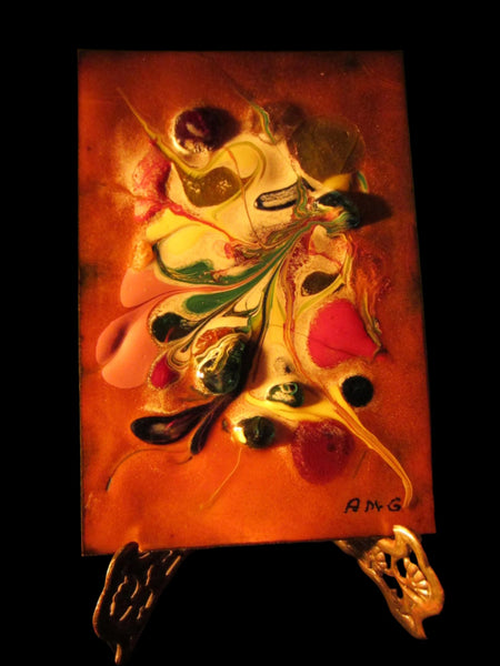 Copper Abstract Signed Enamel Art Decorated Hand Crafted Gem Stones - Designer Unique Finds 