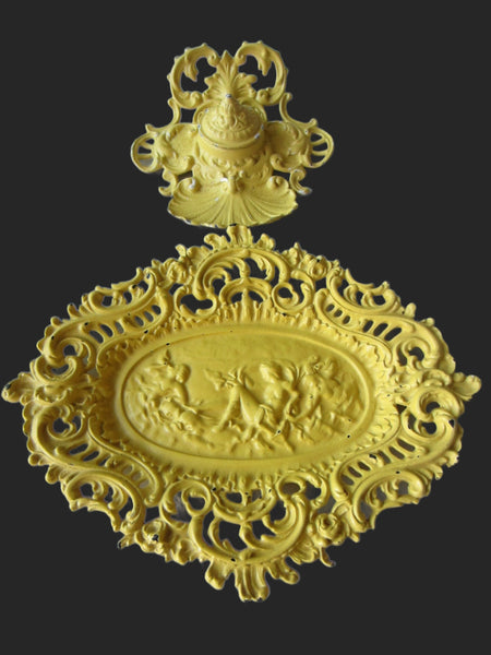 Rococo Style Iron Art Inkwell Tray Set Figurative Majolica Filigree Marked