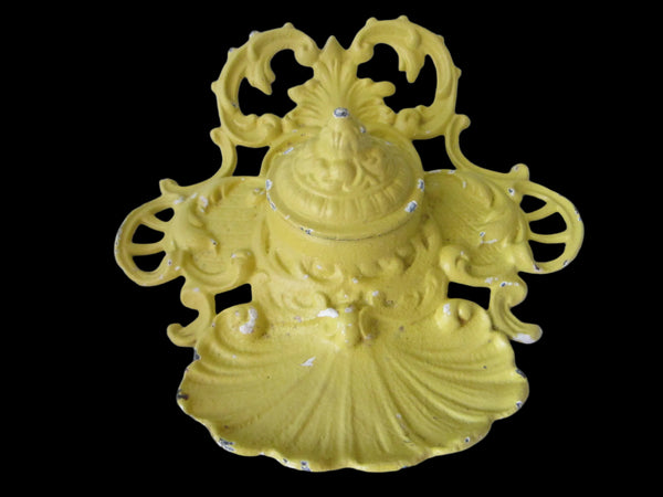 Rococo Iron Art Inkwell Tray Figurative Majolica Filigree Openwork Marked In Relief - Designer Unique Finds 
 - 4